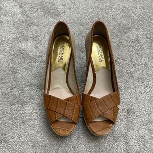 Micheal Michael Kors Peep Toe Espadrille Wedge Sandals Womens 9M Brown Slip On